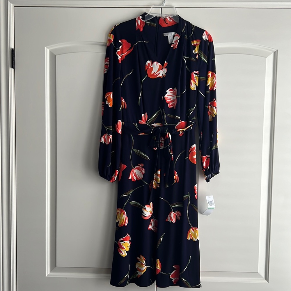 london times navy orange tulip print midi dress